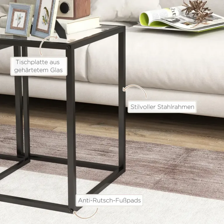 Satsbord 2-Pack med Stålben och Hållbar Sidobord Soffbord Härdat