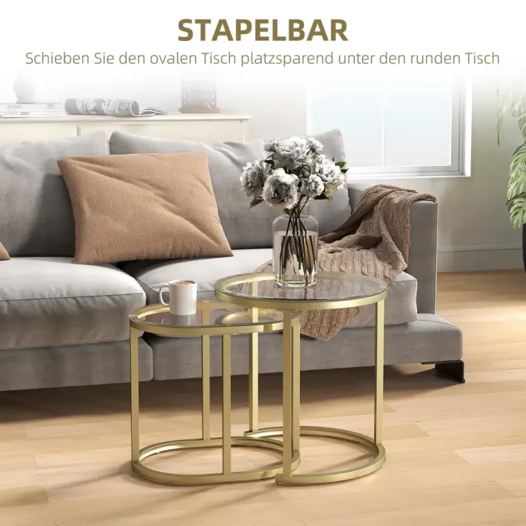 Soffbord Set om 2 Guld av Stål och Glas Runda Satsbord Marmor Stil