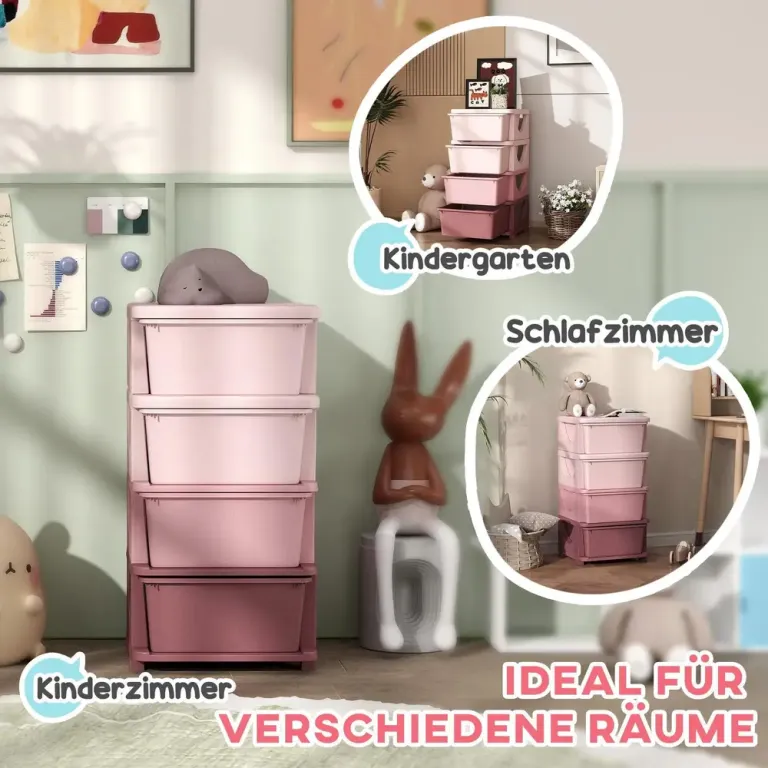 Leksaksförvaring med 4 Lådor, Rosa Barnrum Plast