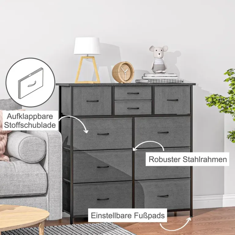 Byrå med 10 Tyglådor och Metallram, Svart
