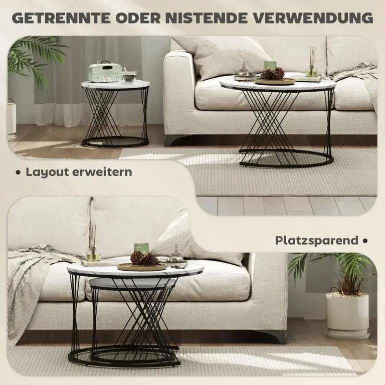 Set 2 Soffbord i Marmoreffekt Spånskiva och Metall Runt Soffbordsset