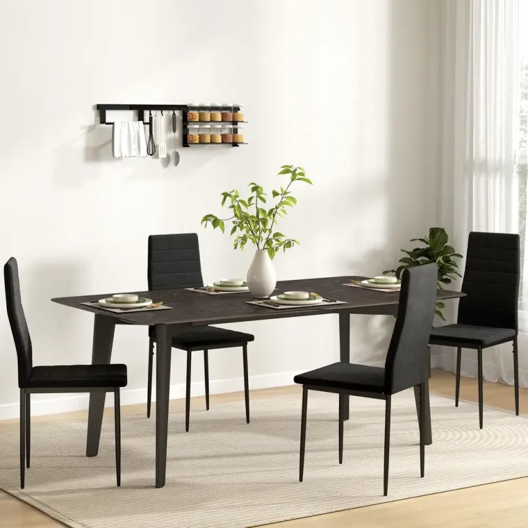 Set 4 Matstolar Armlös med Tygklädsel och Metallben, Svart Ryggstöd