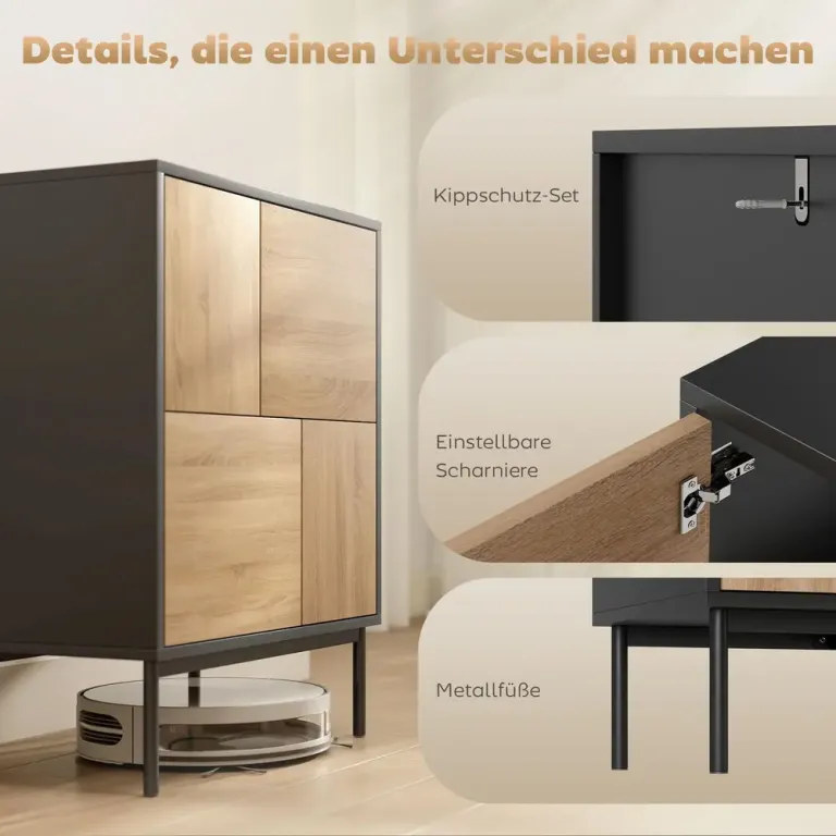 Sideboard Push To Open Svart och Naturfärgad MDF 120 cm Skänk Dörrar