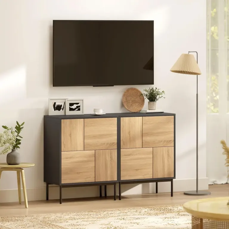 Sideboard Push To Open Svart och Naturfärgad MDF 120 cm Skänk Dörrar