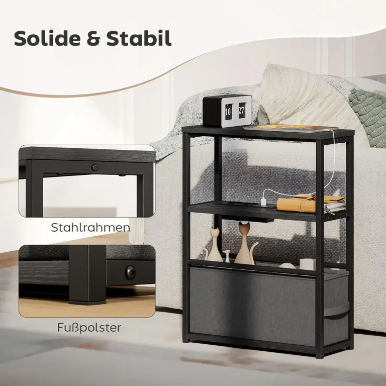 Sidobord Smalt Svart Spånskiva och Metall för Soffa 60 cm Tunn Korg