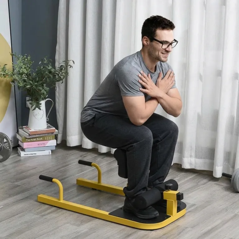 Sissy Squat Maskin 3-i-1 för Ben och Mage, Gul och Svart Squats Push
