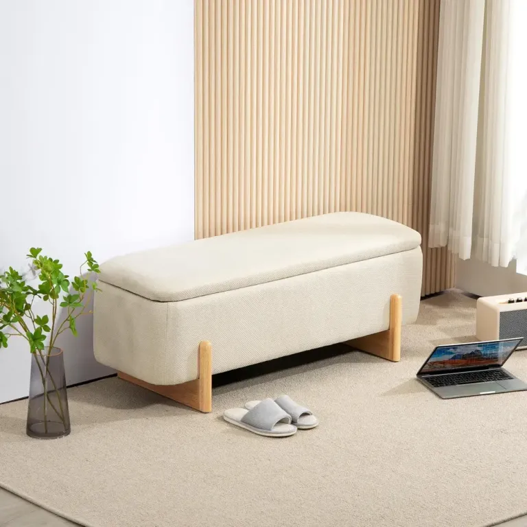 Sittbänk med Förvaring & Skumstoppning Krämvit, Beige Sängbänk Linne