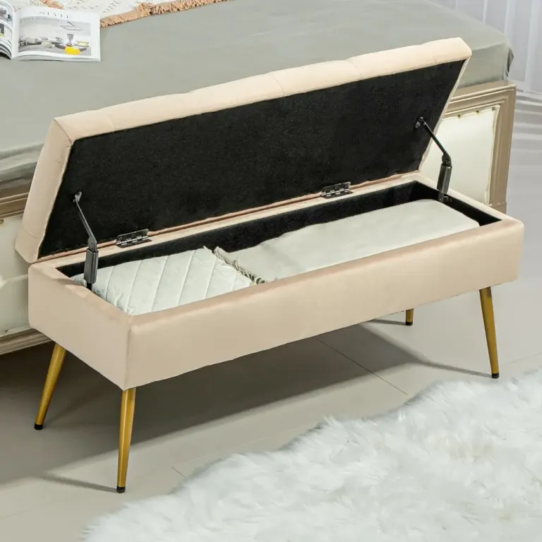 Sittbänk med Förvaring i Sammet Beige 100 cm Metallram Guldben