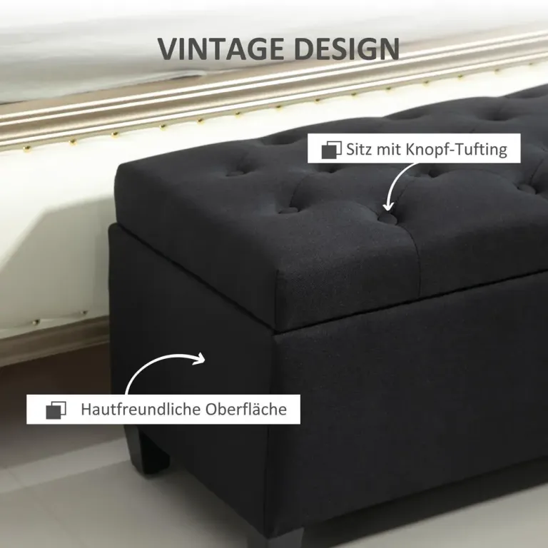 Sittbänk med Förvaring & Knapphäftning Svart Hallbänk Sängbänk Linne