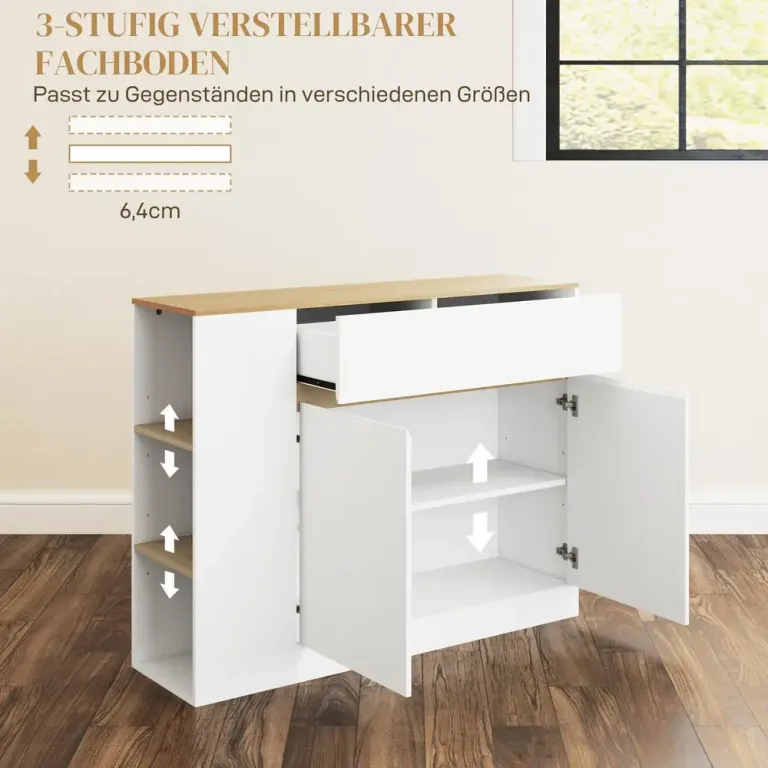 Skänk med 3 Förvaringsfack och Låda Vit/Trä Hyllor