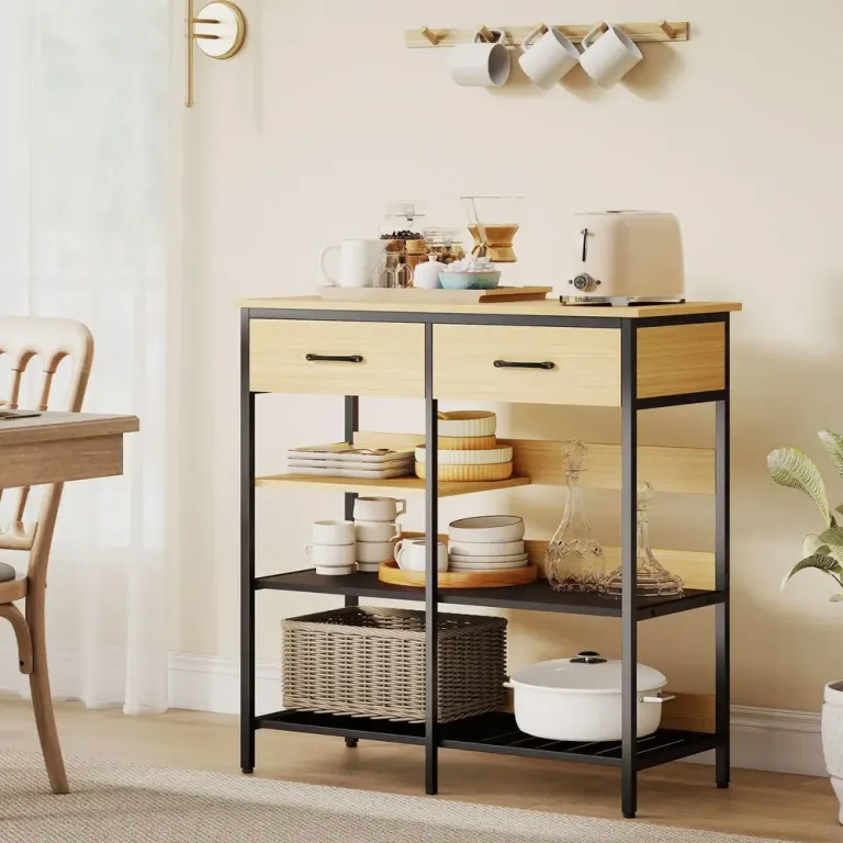 Skänk med Lådor och Hyllplan Natur Trä och Vit 90 cm Sideboard Öppna