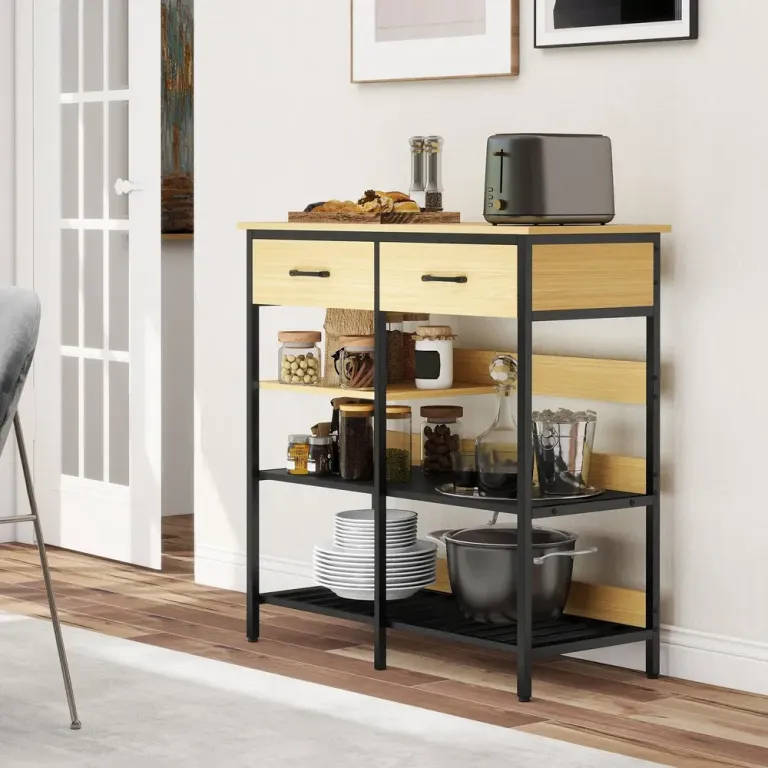 Skänk med Lådor och Hyllplan Natur Trä och Vit 90 cm Sideboard Öppna