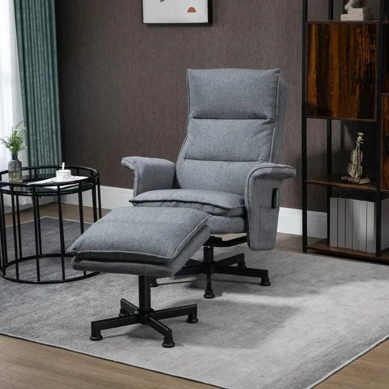 Elektrisk Massagefåtölj med Fotpall Grå Linnelook Fjärrkontroll