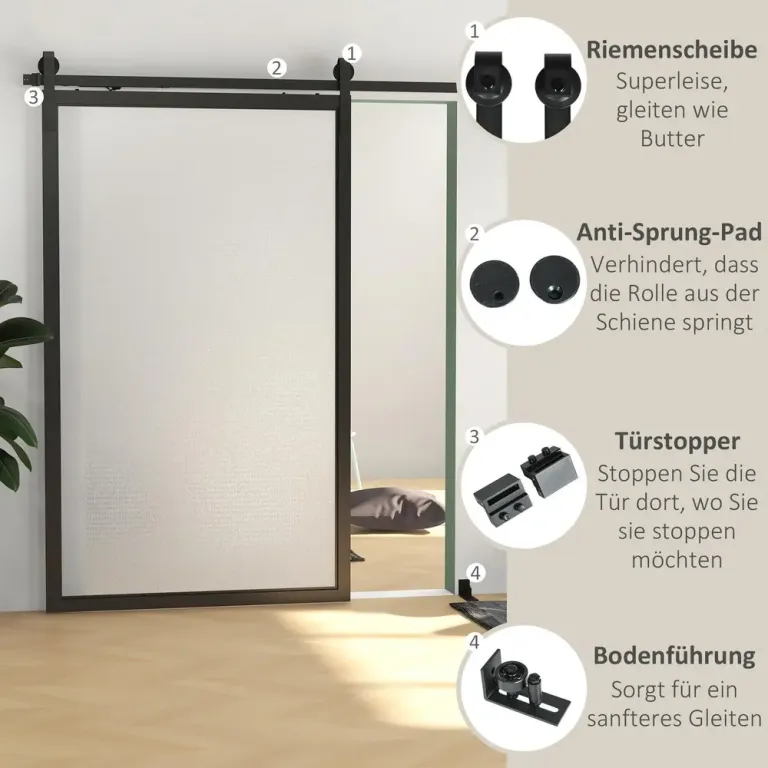 Skjutdörrsbeslag Dörrskena Svart av Kolstål 244 cm Tyst Slät
