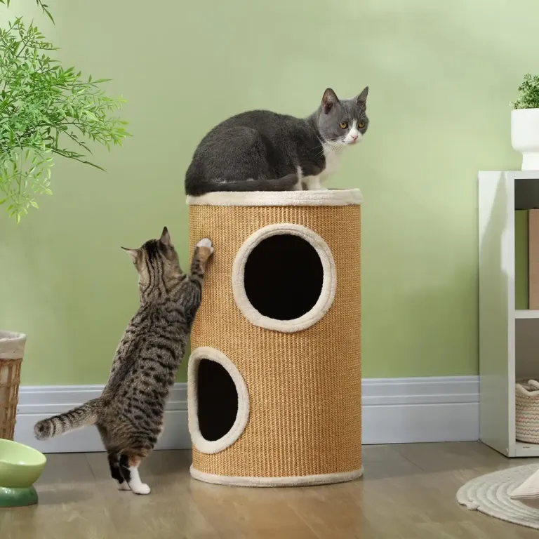 Klösträd Takhög Vit av Sisal och Plysch för Kattgrotta Dubbla Nivåer