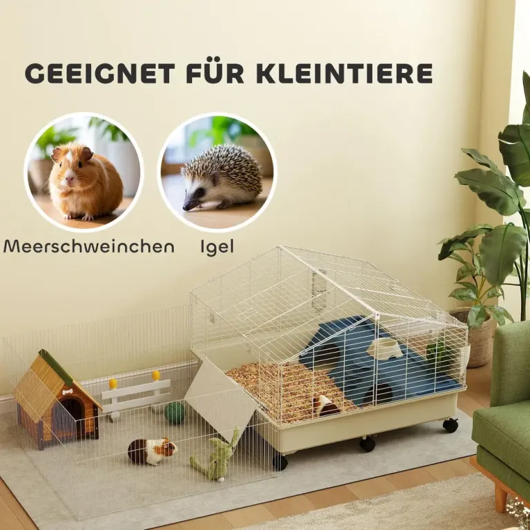 Smådjursbur Kaninbur med Lekhage Vit av Metall och Plast Hjul Ramp