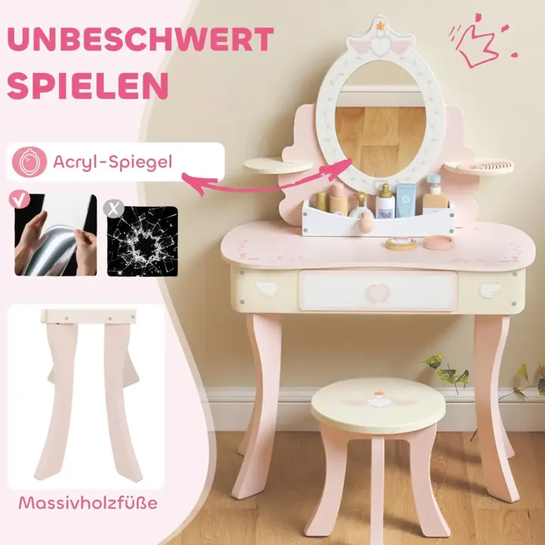 Sminkbord Barn 2 i 1 Rosa MDF och Trä för Barnrum Sminkset Pall