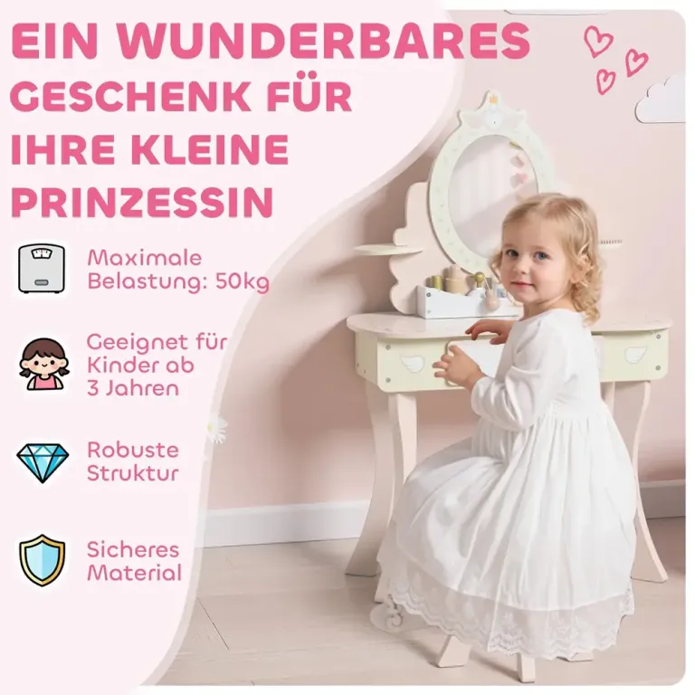Sminkbord Barn 2 i 1 Rosa MDF och Trä för Barnrum Sminkset Pall