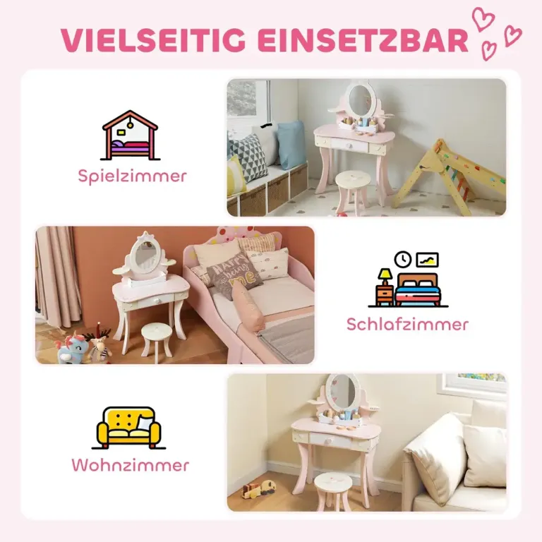 Sminkbord Barn 2 i 1 Rosa MDF och Trä för Barnrum Sminkset Pall