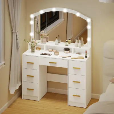 Hollywood Sminkbord med 10 LED-Lampor och 7 Lådor, Vit
