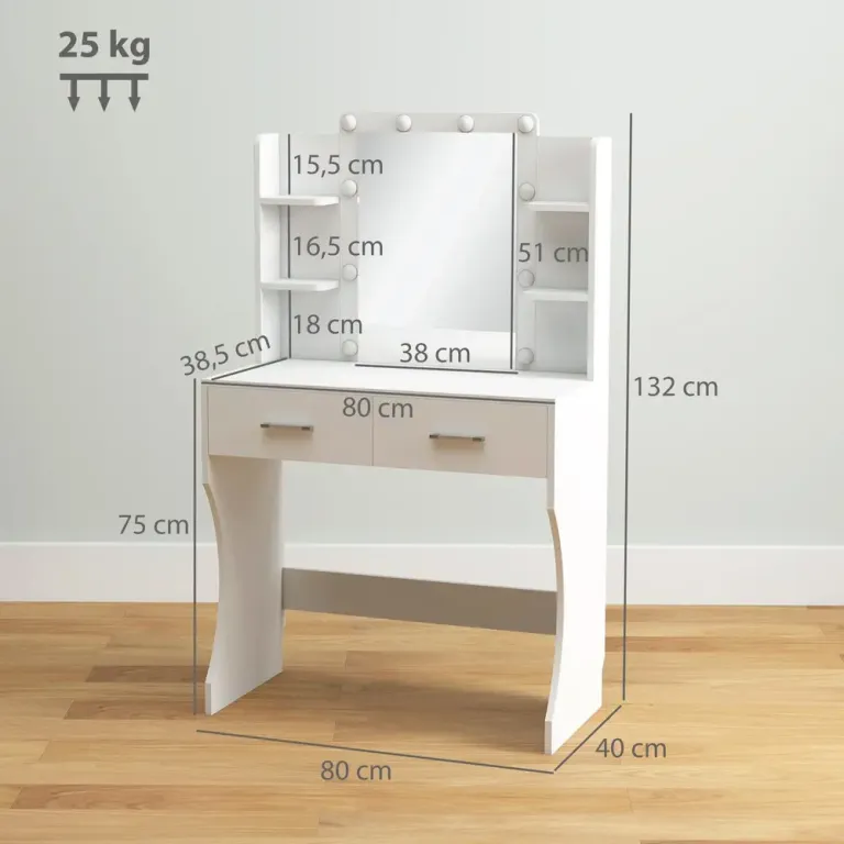Sminkbord med Spegel Dimbara LED-Lampor Lådor och Hyllor