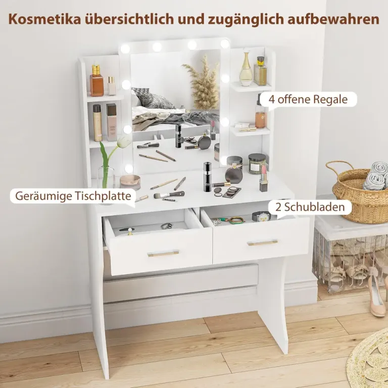 Sminkbord med Spegel Dimbara LED-Lampor Lådor och Hyllor