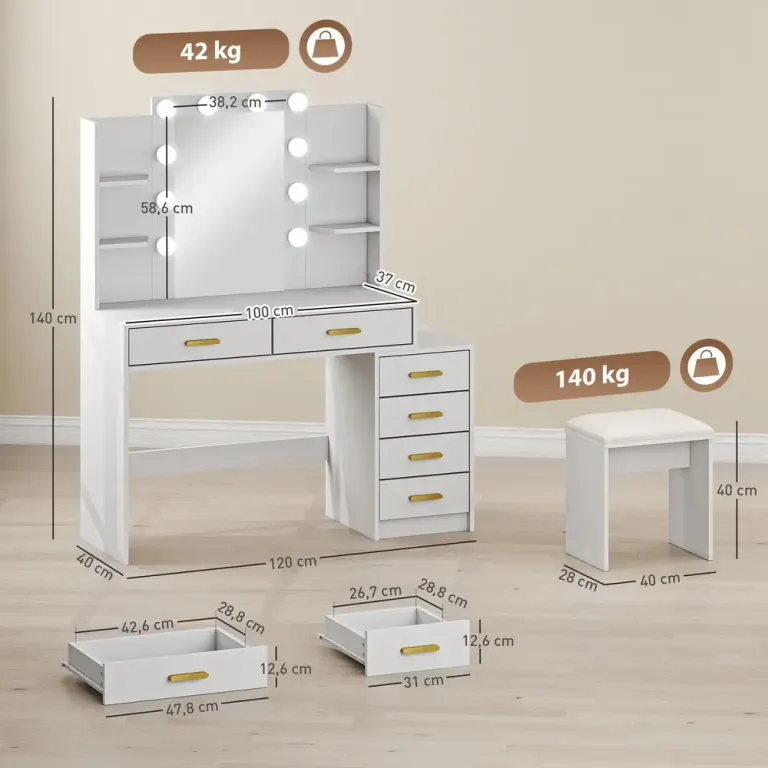 Sminkbord med Spegel och Belysning Vit MDF och Trä Sminkset Belyst