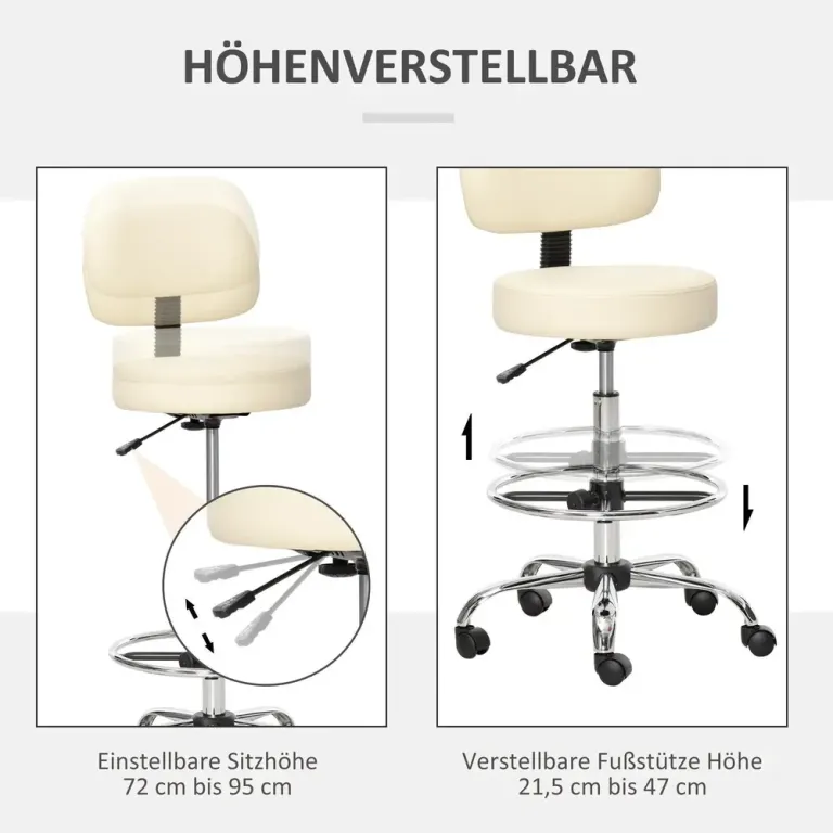 Snurrbar Barstol med Ryggstöd -127 cm, Beige Högsits Arbetspall Höjd
