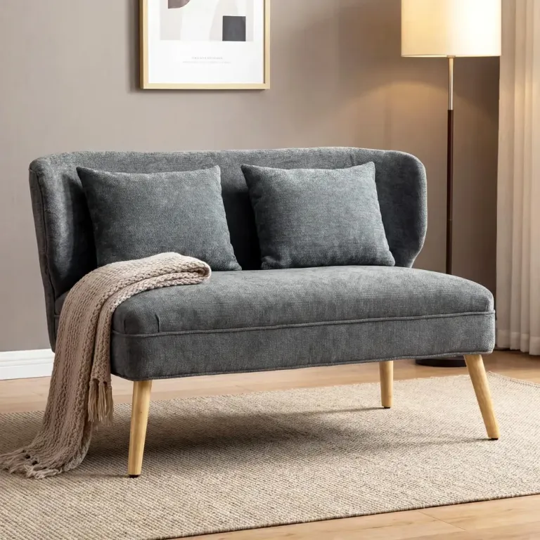 Soffa Grå Chenille och Trä Liten med Hög Rygg 2-Sits Tvåsitssoffa