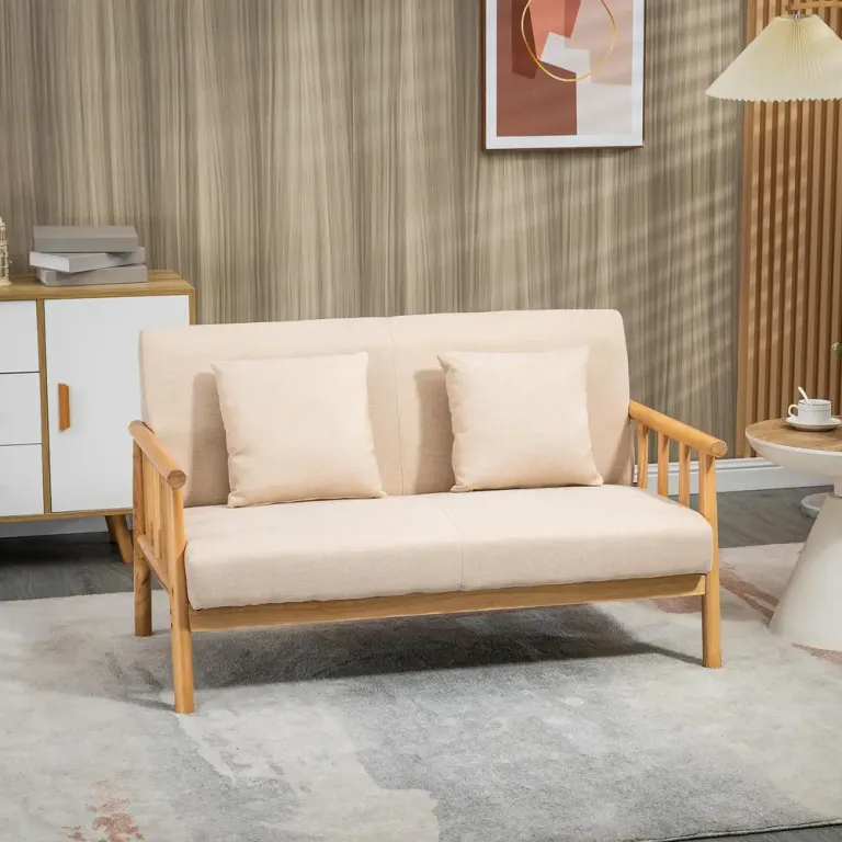 Soffa Loveseat Beige av Tyg med Linnelook och Trä 2-Sits Kompakt