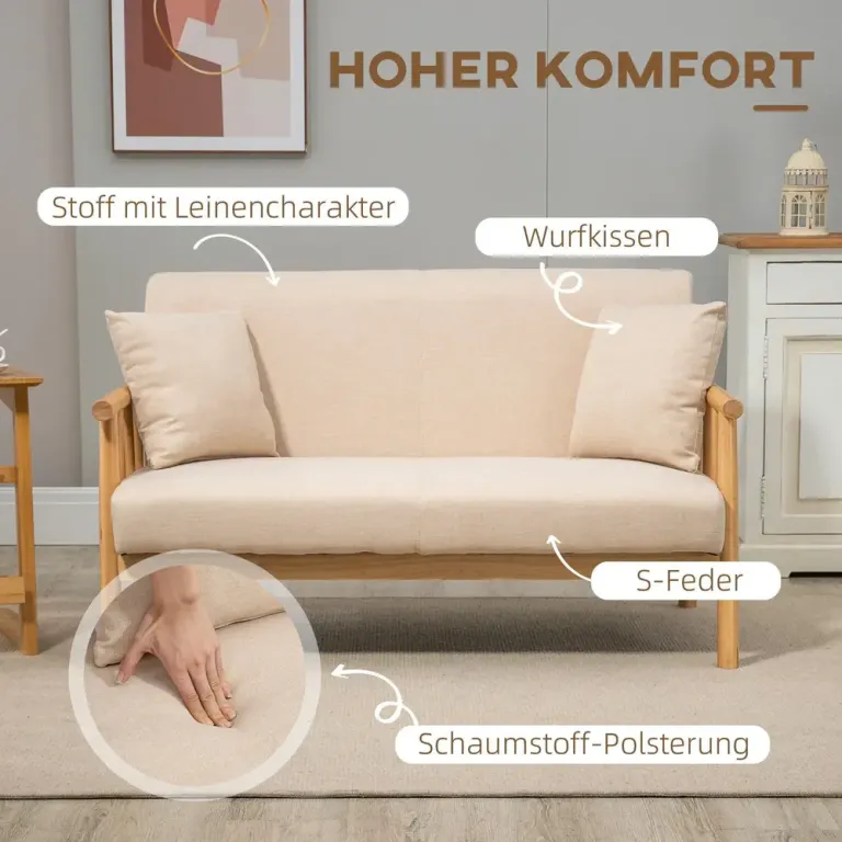 Soffa Loveseat Beige av Tyg med Linnelook och Trä 2-Sits Kompakt