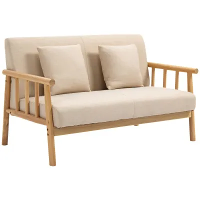 Soffa Loveseat Beige av Tyg med Linnelook och Trä 2-Sits Kompakt