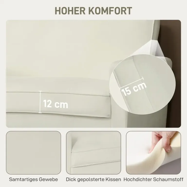 Soffa med Ben av Gummiträ Stoppad Gräddvit 2-Sits Krämvit Sammet