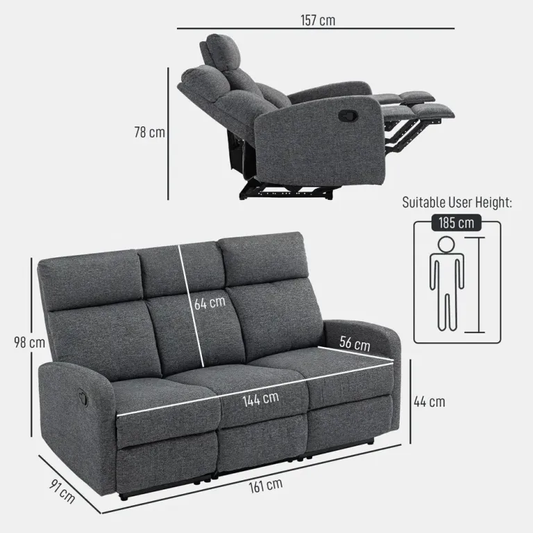 Soffa med Individuellt Ryggstöd Fotstöd 3-Sits Manuell Chenille