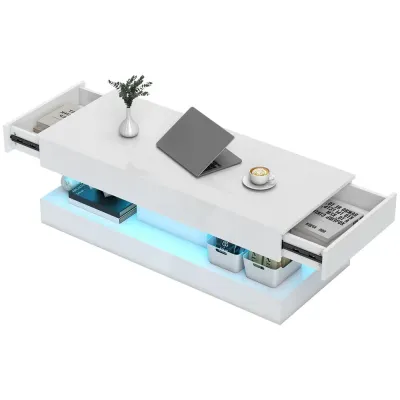 Soffbord med Lådor LED-Lampor och Öppen Hylla i Spånskiva Belysning