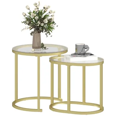Soffbord Set om 2 Guld av Stål och Glas Runda Satsbord Marmor Stil