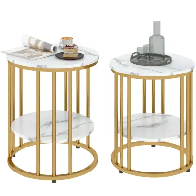 Soffbord Set om 2 Vit av Stål och Marmorlook Runda Guld Skivor