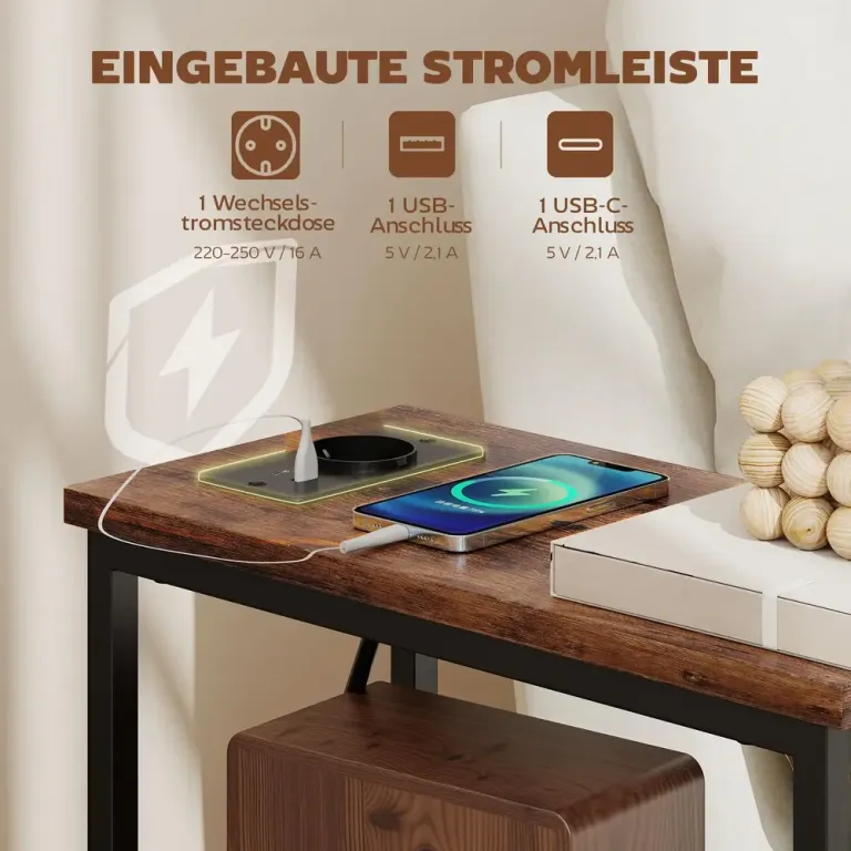 Sidobord med Laddstation Stålstomme 2 Tyglådor Tunn Sängbord Rustik