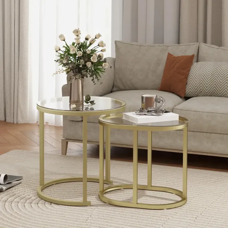 Soffbord Set om 2 Guld av Stål och Glas Runda Satsbord Marmor Stil