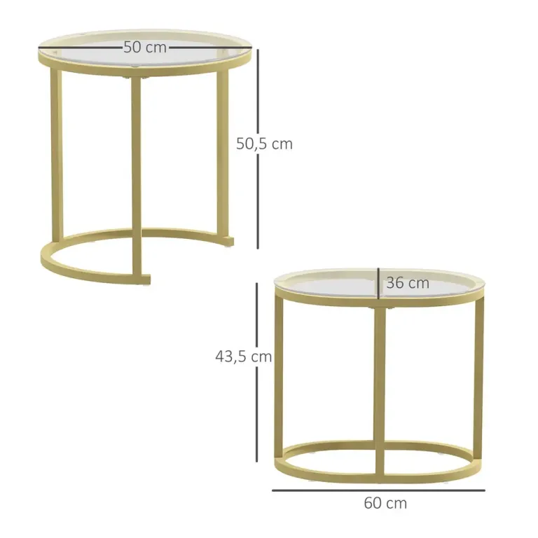 Soffbord Set om 2 Guld av Stål och Glas Runda Satsbord Marmor Stil