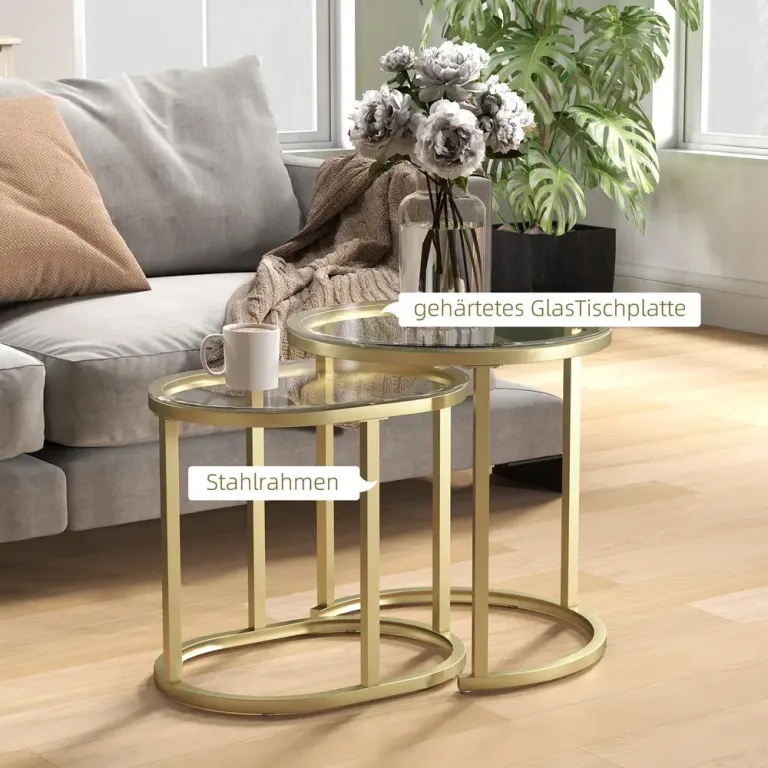 Soffbord Set om 2 Guld av Stål och Glas Runda Satsbord Marmor Stil