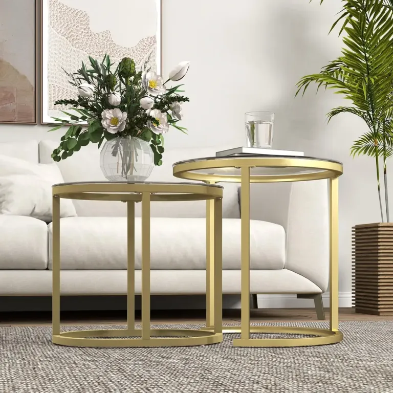 Soffbord Set om 2 Guld av Stål och Glas Runda Satsbord Marmor Stil
