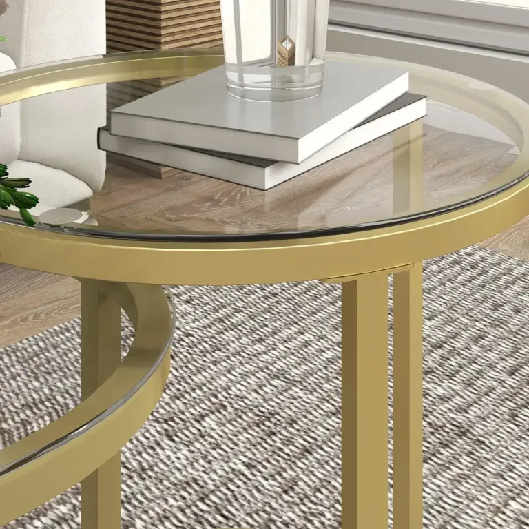 Soffbord Set om 2 Guld av Stål och Glas Runda Satsbord Marmor Stil