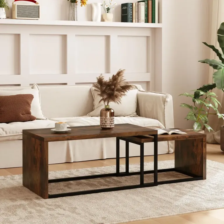 Soffbord Set om 2 Svart Brun av Metall och Trälook Industriell Stil