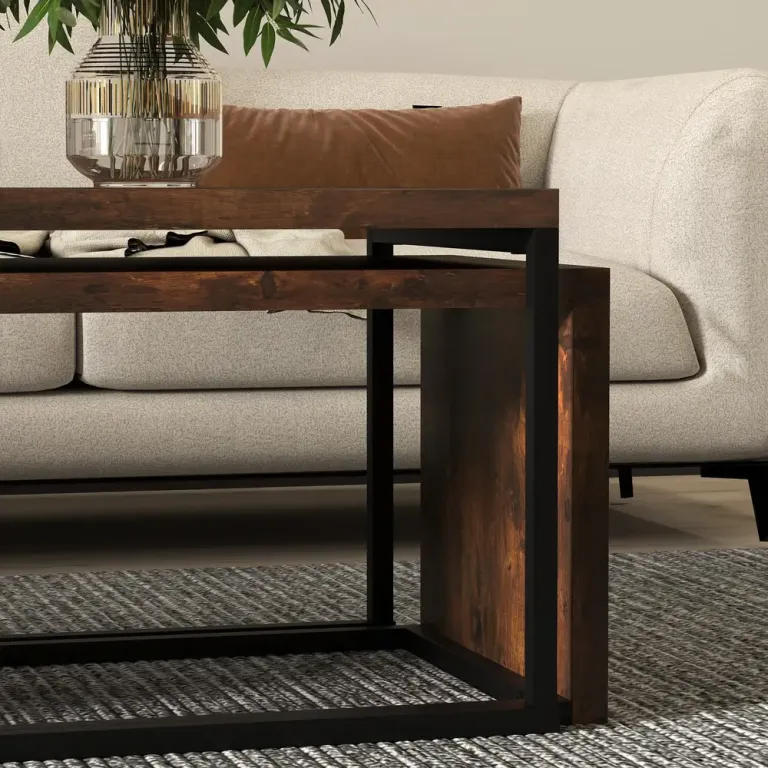 Soffbord Set om 2 Svart Brun av Metall och Trälook Industriell Stil