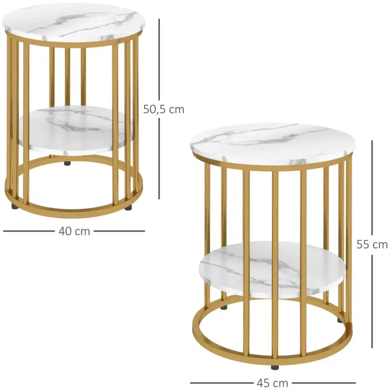 Soffbord Set om 2 Vit av Stål och Marmorlook Runda Guld Skivor