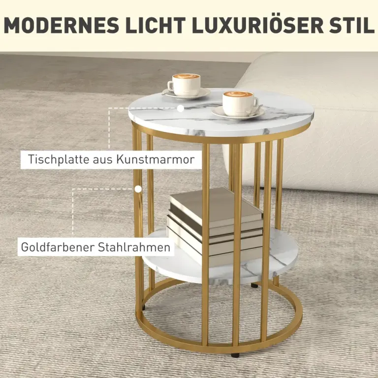Soffbord Set om 2 Vit av Stål och Marmorlook Runda Guld Skivor