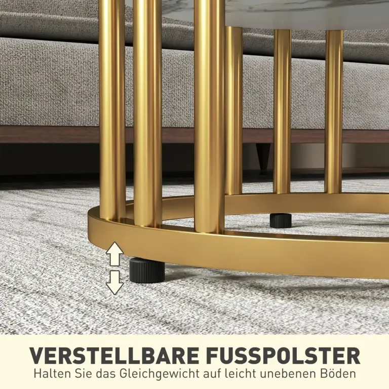 Soffbord Set om 2 Vit av Stål och Marmorlook Runda Guld Skivor