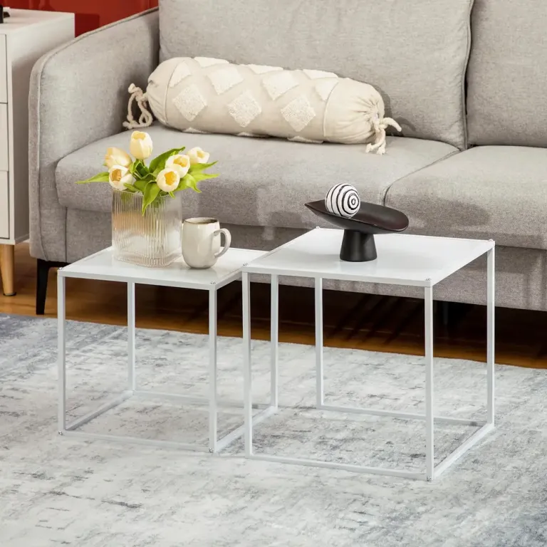 Soffbord Vit av Stål och Trä Set om 2 Fyrkantiga Modern Design