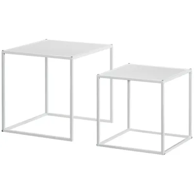 Soffbord Vit av Stål och Trä Set om 2 Fyrkantiga Modern Design
